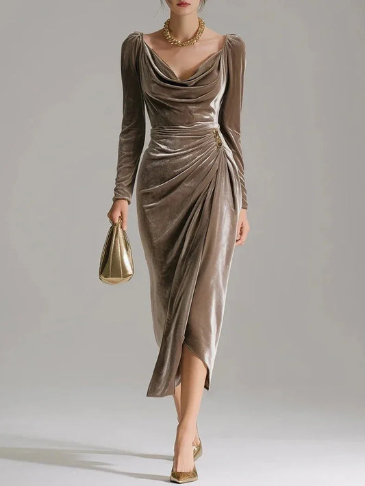 2025 European and American Women's Casual Gold Velvet Sexy New Long-Sleeve Slim Pleated Long Split Bodycon Dress