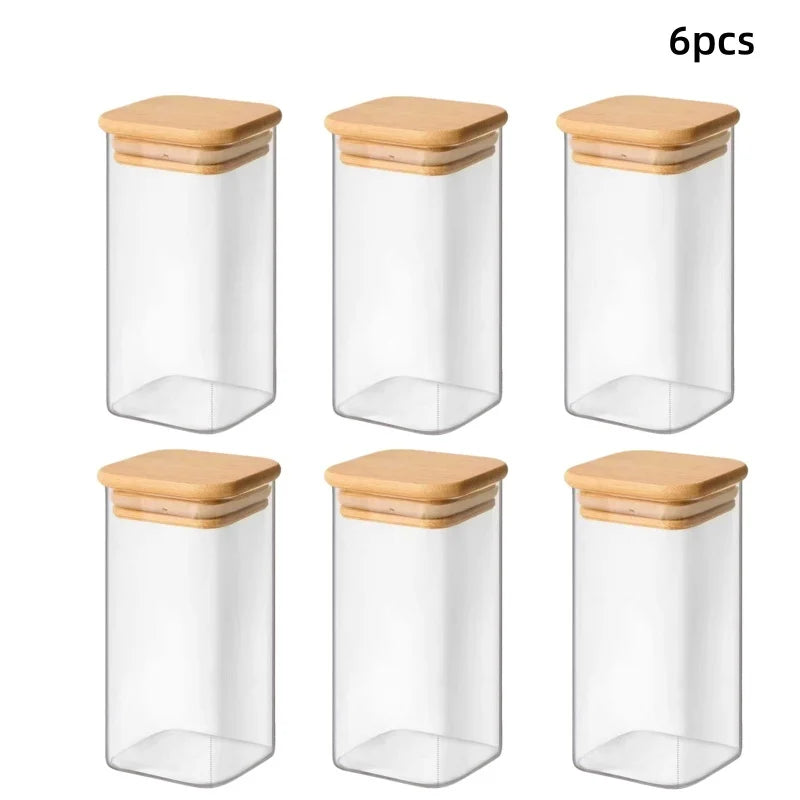 1/4/6/8/12Pcs - Square Food Storage Containers, Kitchen Spice Glass Jars, Transparent Glass Jar Set, Square Wide-Mouth Glass Storage Containers, Glass Airtight Jars, Coffee Bean Storage Containers, for Kitchen Spices, Grains,