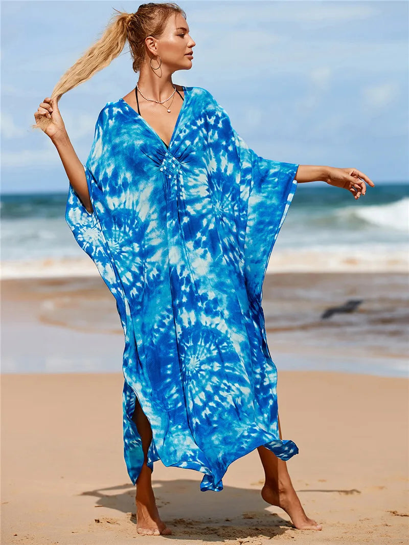 Plus Size Womens Animal Print Kaftan Dresses Caftans Swimwear Coverups Summer Bathing Suit Long Beach Dress