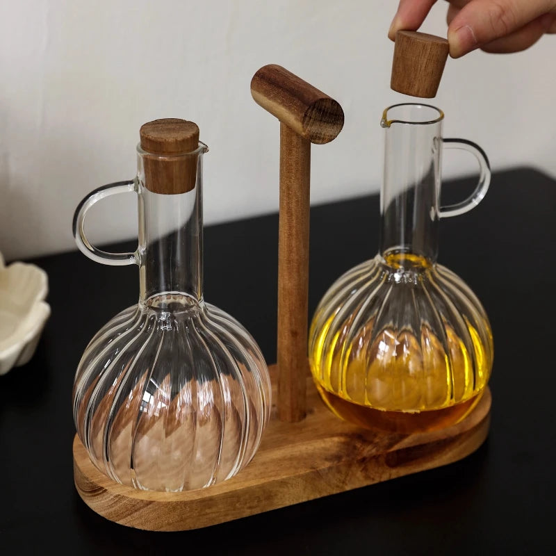 Glass Oil Pan Kitchen Household Wooden Lidseasoning Bottle Storage Rack High-temperatureresistant Storagetanksoysauce Bottle Set