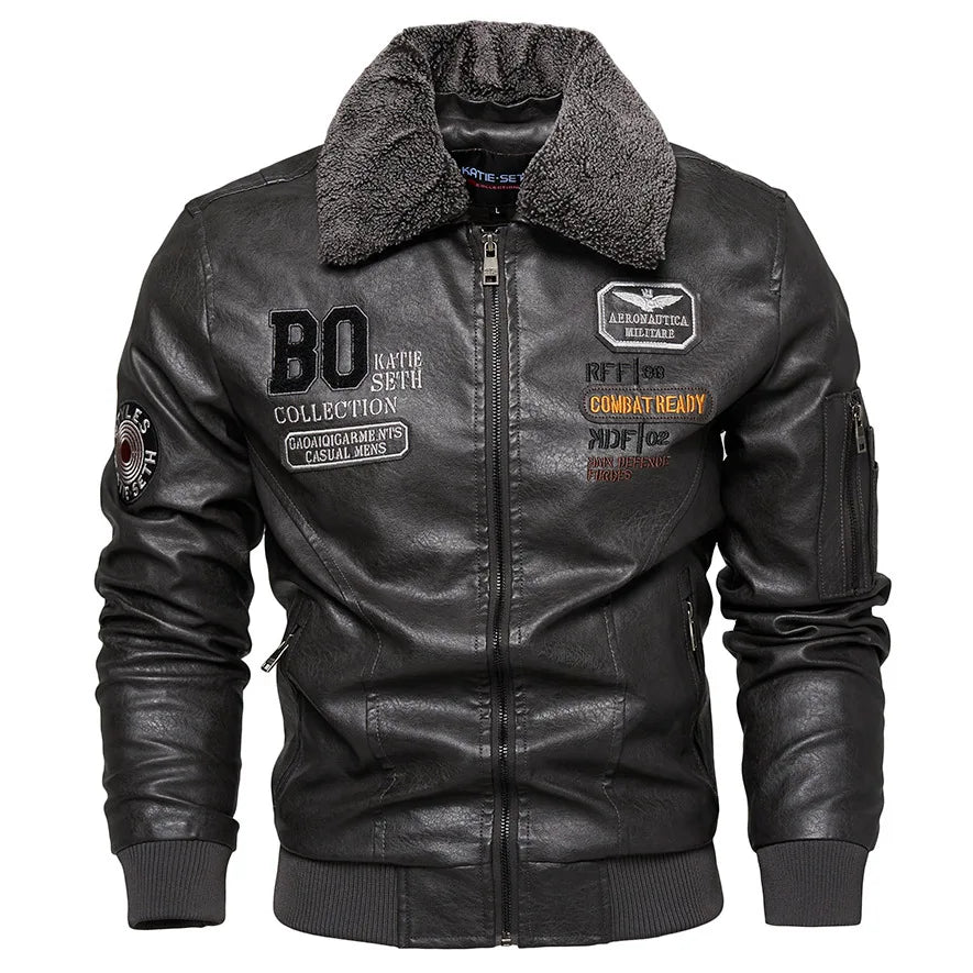 Business Slim fit Leather Bomber Jacket Men Slim Leather Flight Jacket Black Pilot Coat High Quality Man Fur collar Warm Jackets