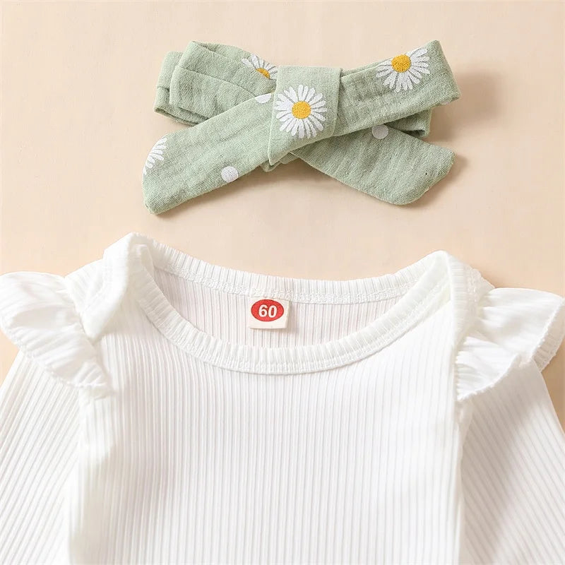 Citgeett Spring Infant Baby Girls Pants Sets White Long Sleeve Ruffle Romper Daisy Print Belted Pants Headband Autumn Sets