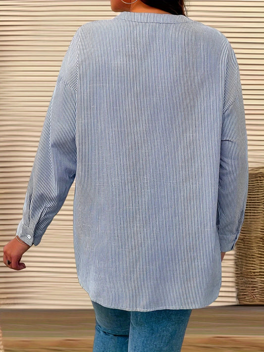 Plus Size Casual Women's Shirt Office Lady Stripe Curve Clothing Fashionable V Neck Long Sleeve Tops