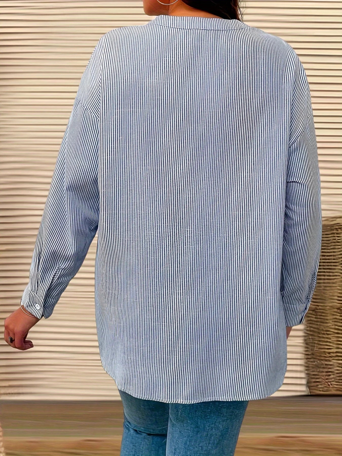 Plus Size Casual Women's Shirt Office Lady Stripe Curve Clothing Fashionable V Neck Long Sleeve Tops