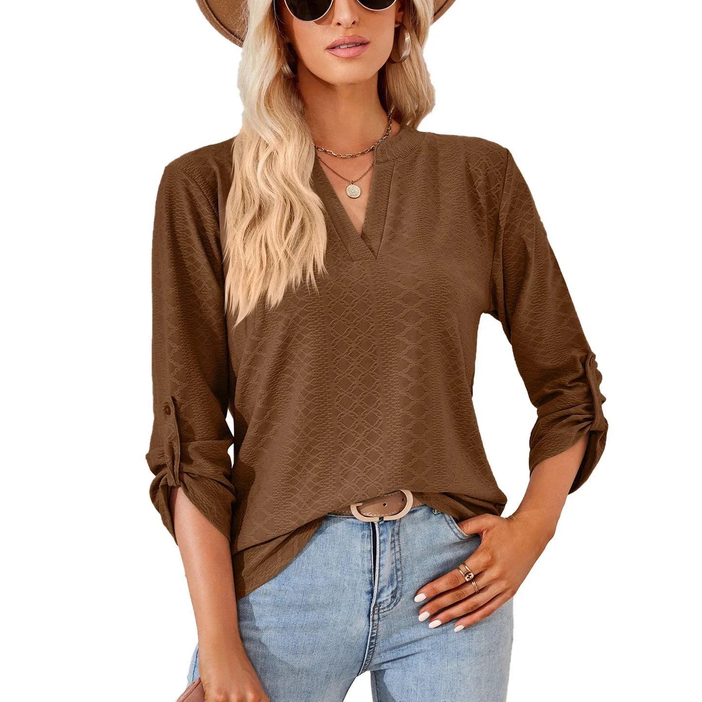 Loose Button-Up V-Neck Seven-Sleeve T-Shirt Women's Autumn Winter New Style Pure Color Casual Top Comfortable Silk Material