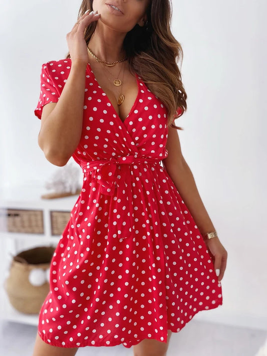 Summer New Sexy V-neck Polka Dot Print Short Sleeve Waist-cinching Dress Sweet Bohemian Style H-shaped Single Piece Dress