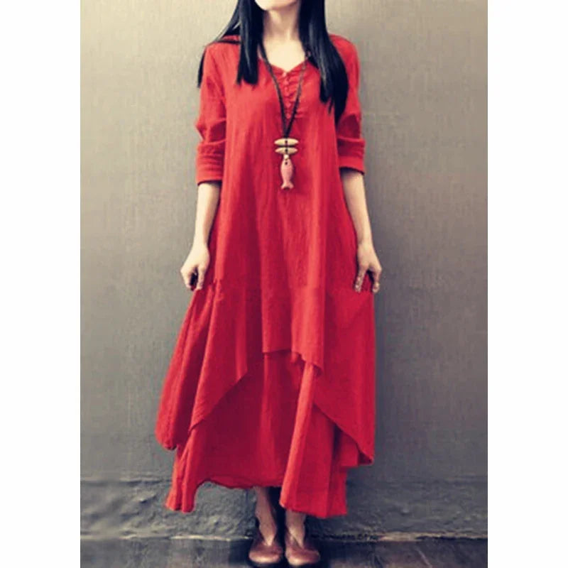 Irregular button women's cotton and linen pocket dress Korean round neck short sleeved loose solid color irregular double-layer