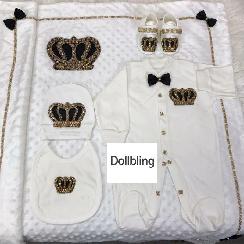 Baby Girl Boy Princess Prince Hospital Exit Newborn Bling Outfits Baby Bottles Gift Set Baby Shower Gift 5pcs Crown Romper