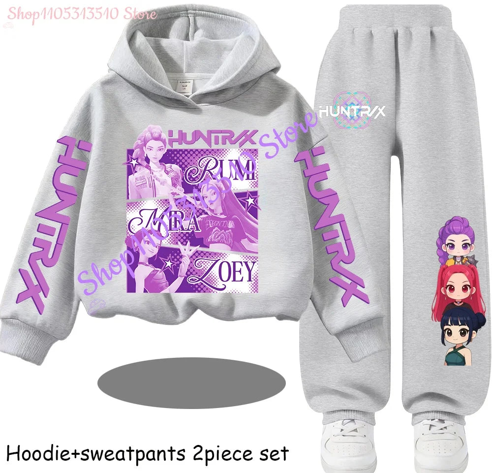 Hot Children's Hooded Sweater Set Huntrx Mira Rumi Zoey  Girl Cute Casual Top for Kids Sports Shirt with Cartoon Print 2 Pieces