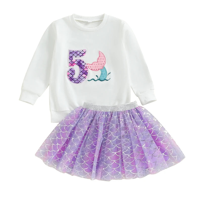 0-7Y Kids Girls Autumn Outfits Long Sleeve Number Embroidered Sweatshirt with Mermaid Tulle Skirts Sets Birthday Clothes