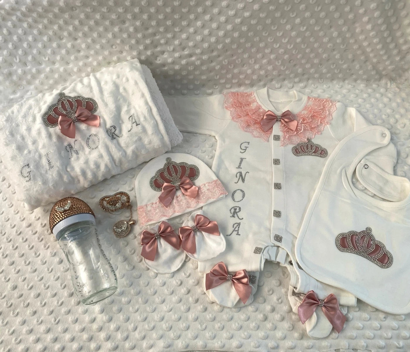 Baby Girl Boy Princess Prince Hospital Exit Newborn Bling Outfits Baby Bottles Gift Set Baby Shower Gift 5pcs Crown Romper