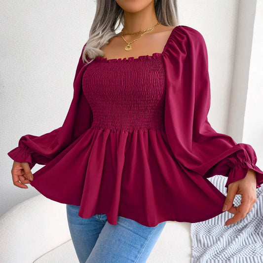Casual Squared Neck Pleated Ruffle Trim Solid Blouse,Lantern Sleeve Shirt, Women's Clothing