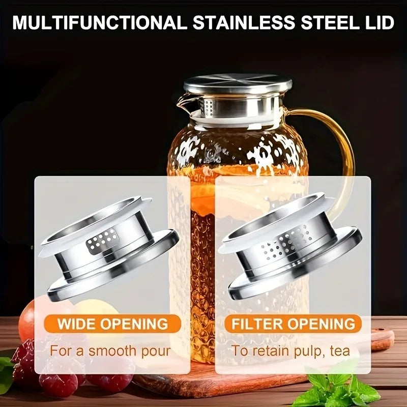64oz/1.9L Glass Pitcher with Lid & Handle - High Borosilicate Glass for Refrigerator, Keeps Drinks Hot/Cold, Juice Jug, Kitchen