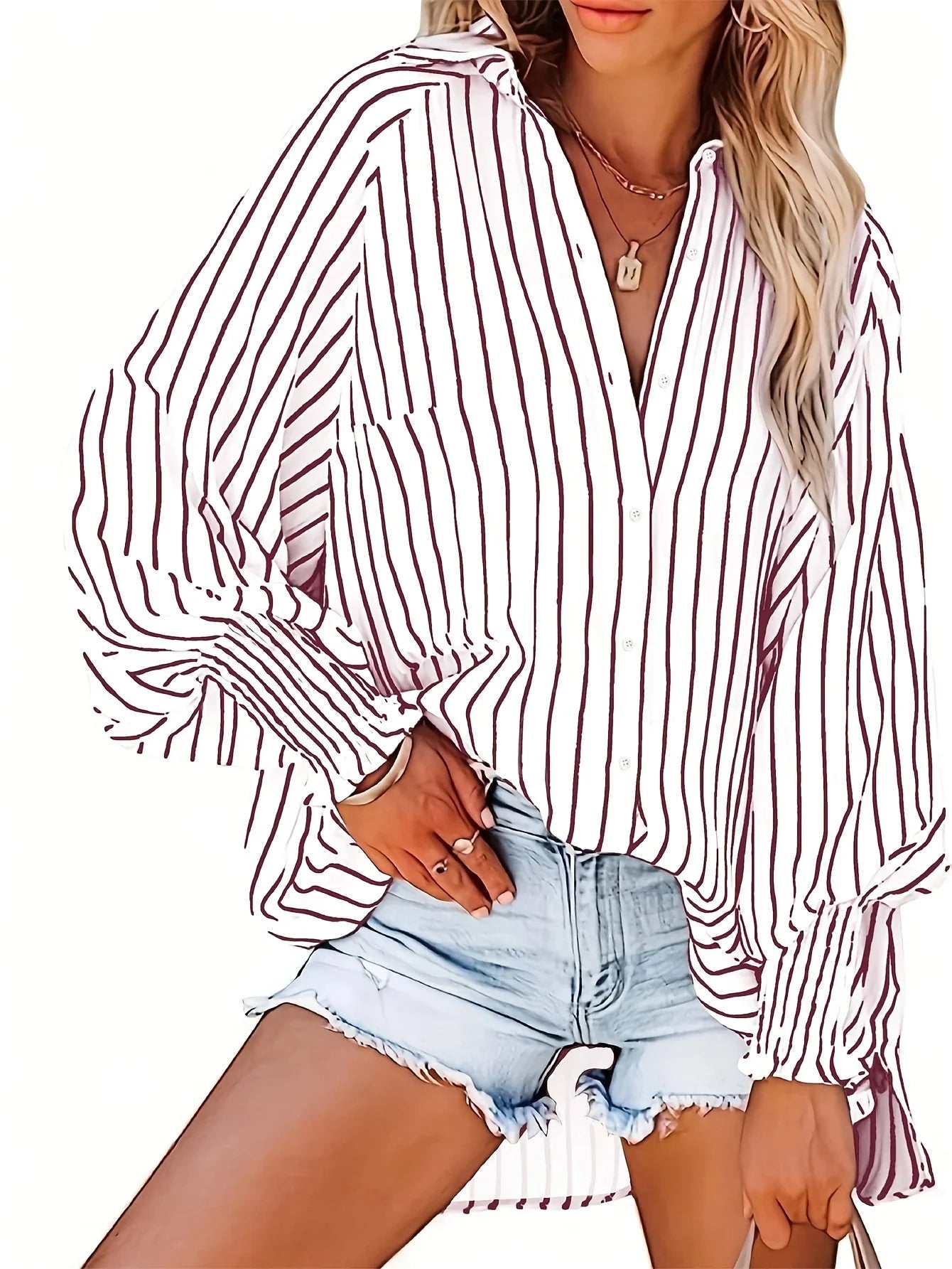 Plus Size 1XL-5XL Women's Casual Striped Breathable Blouse Shirt Ladies Fashion V-neck Button-down Long Sleeve Loose Shirt Top