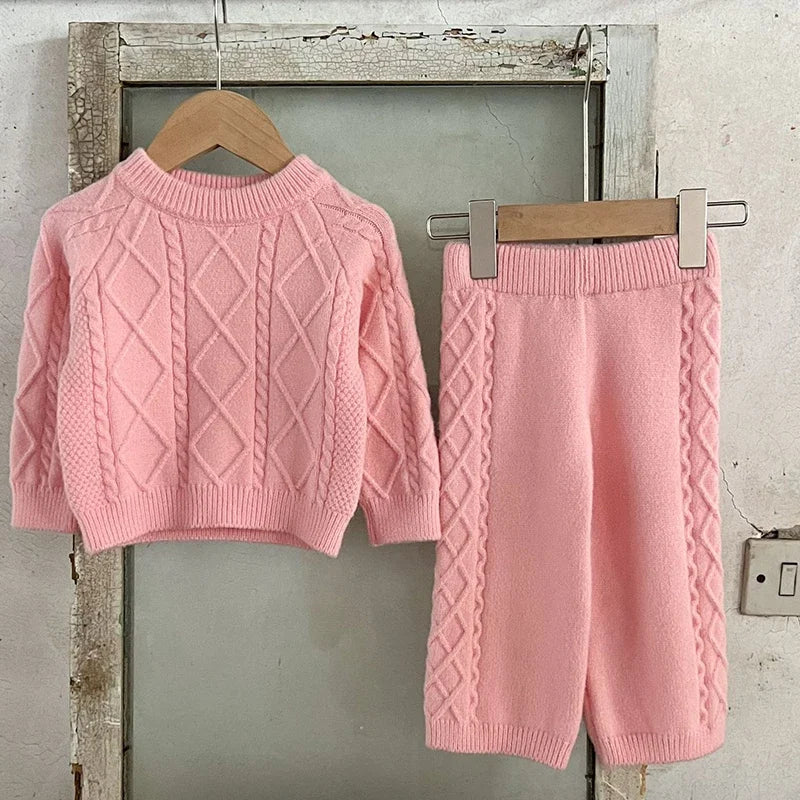 2024 New Autumn Newborn Baby Girls Clothing Set Long Sleeved Solid Color Knitted Pullover+Pants Toddler Baby Girl Clothes Suit