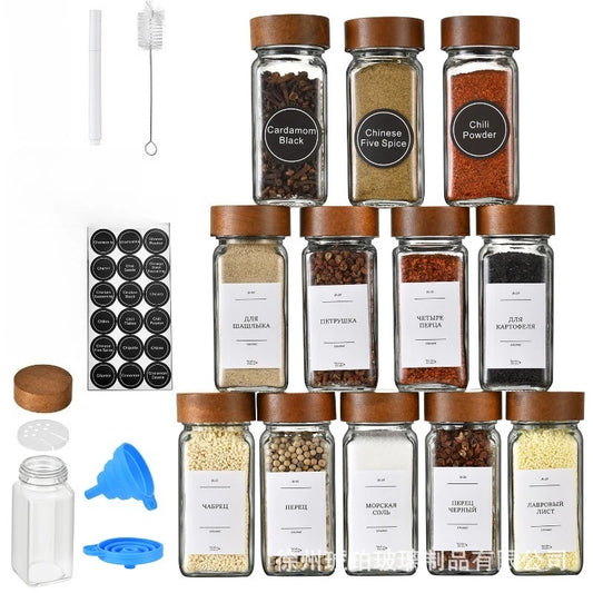 Square Spice Jars with Label with Acacia Wood Lids Dispensing Bottles Glass Sealed Jar  Clear Empty Bottles Seasoning Organizer