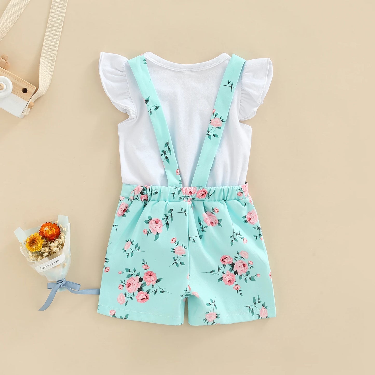 Little Infant Kid Girl 2PCS Pants Set Fly Sleeve Plain O-Neck T-Shirt, Floral Patterns Copper Buttons Suspender Short Pants 1-5T