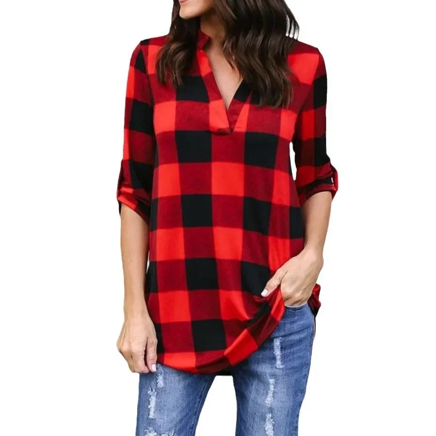 Fashion Plaid V-neck T-Shirt Woman Top Summer T Shirt Women Clothes  Ladies Tops Casual Beach Sun Blusas