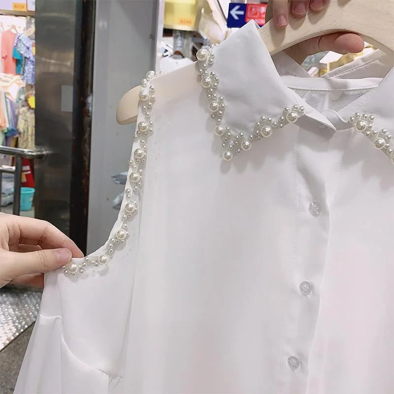 Fashion Women Clothing Thin Pearl Tops Chiffon Loose Off Shoulder Blouse 2025 Spring Summer Lapel Hollow Out Solid Sexy Shirt To