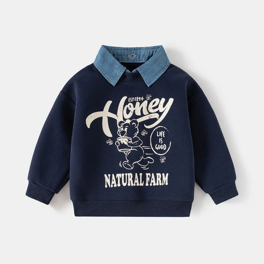 Spring New Children Clothes Korean Style Boys Fake Two Piece Sweatshirt Detachable Collar Cartoon Printed Long Sleeve Top