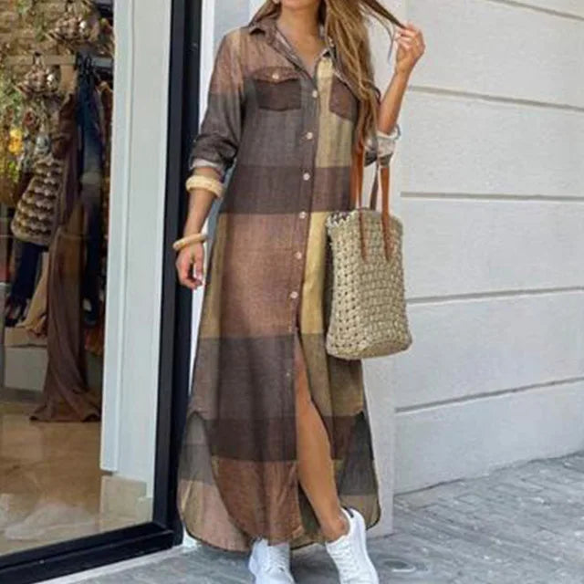 New Autumn Long Dress Long Sleeve Shirt Dress Women Denim Long Dresses Pocket Button Shirt Print Dress Casual Loose Dresses 2023