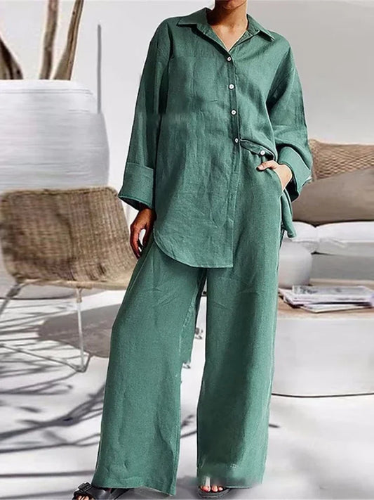 2024 Autumn New Women's Cotton and Hemp Set Solid Color Collar Shirt High Waist Wide Leg Pants Elegant Two Piece Set