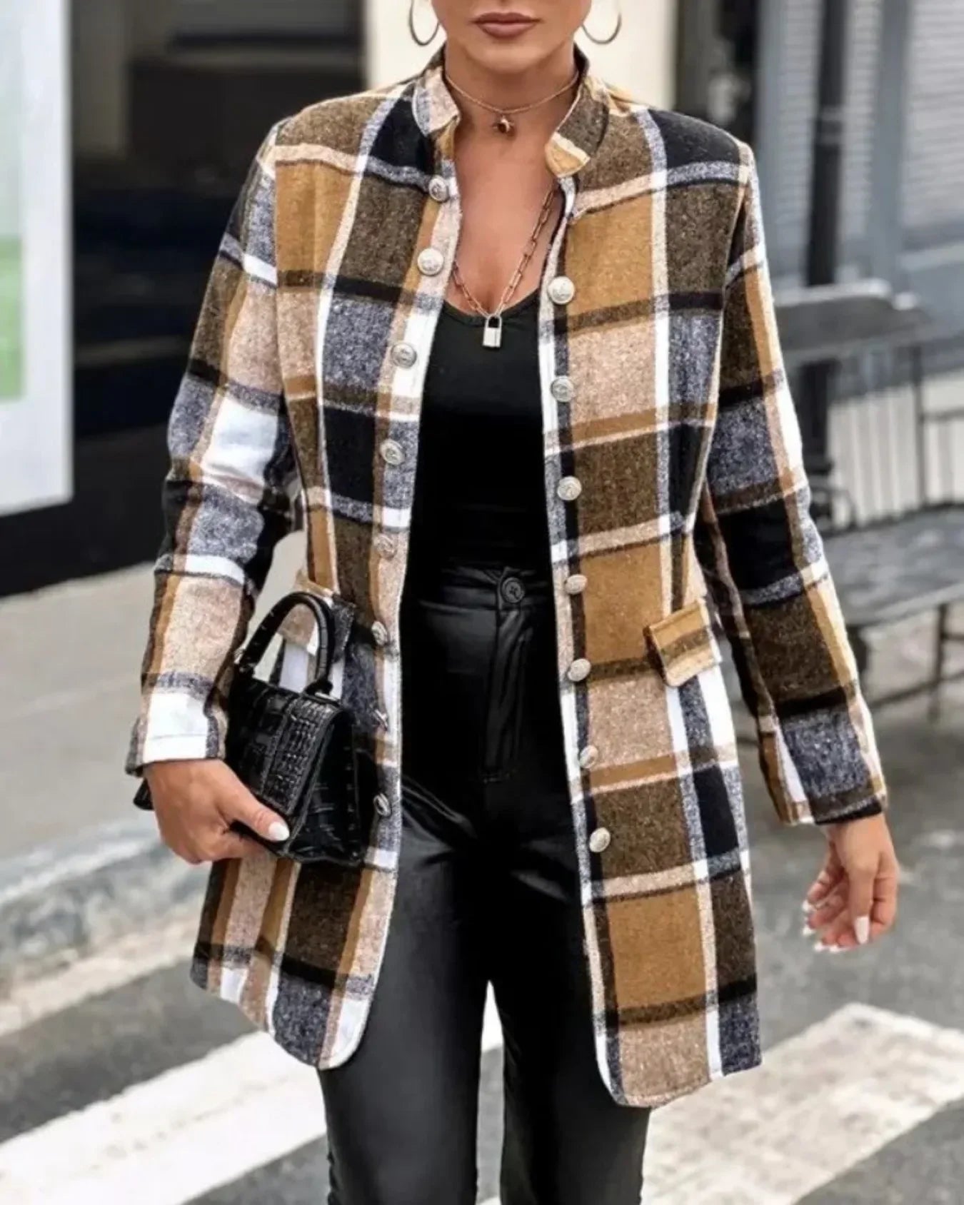 Plus Size 1XL-5XL Women Fashion Long Sleeve Plaid Printing Coat Ladies Casual Autumn and Winter Button Mock Neck Tunic Jacket