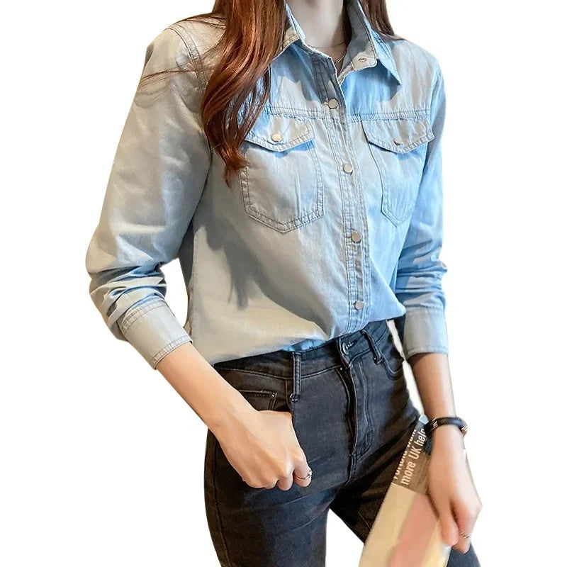 Slim Fit Long Sleeve Women's Denim Shirt Spring Autumn College Style Base Layer Top Korean Fashion Versatile Bottoming Shirt