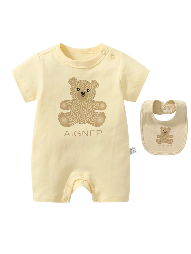 Cute Bear Romper Newborns Clothes 2025 Summer Hot Sale New Toddler Boys Jumpsuit %100 Cotton Soft Bib scarf 2Pcs Set Baby Romper