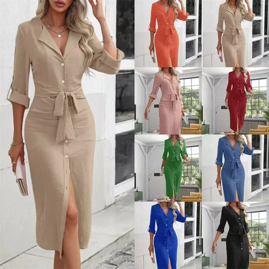 Casual Women's Shirt Dress Solid Color Lapel Button Cinched Waist Strap Temperament Slit Dress Autumn 2024 New Commuter Dress