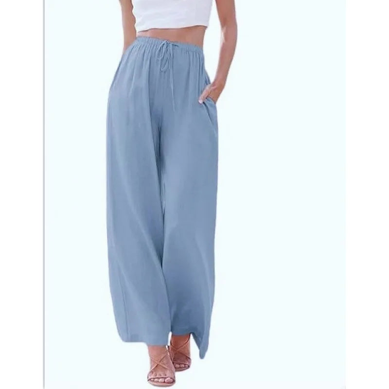 Women's Summer Linen Wide Leg Pants High Waist Elastic Drawstring Casual Loose Palazzo Trousers with Pockets