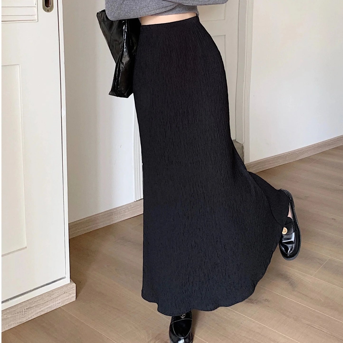High Waist A- Line Pleated Skirt Women's Casual Lazy Style Spring Summer New Slimming Midi Dress Polyester Fiber Plain Color
