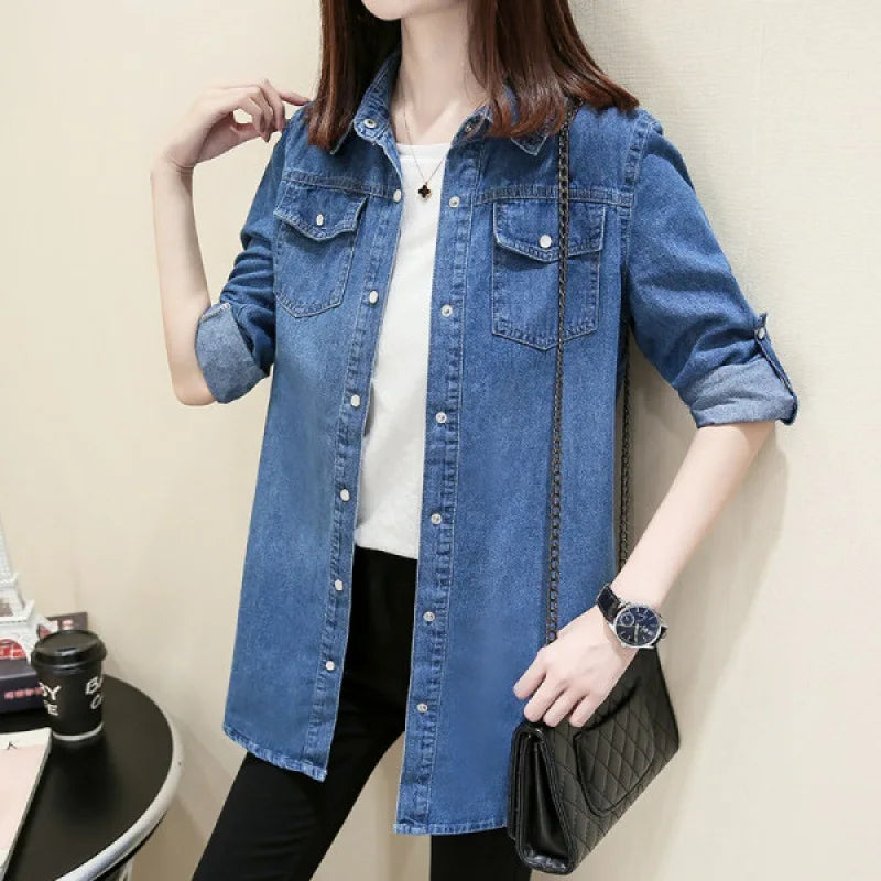 2024 Spring Autumn Denim Shirt Women Fashion Jeans Shirt Cotton Long Sleeve  Slim Blouses Jeans Ladies Lapel Collar