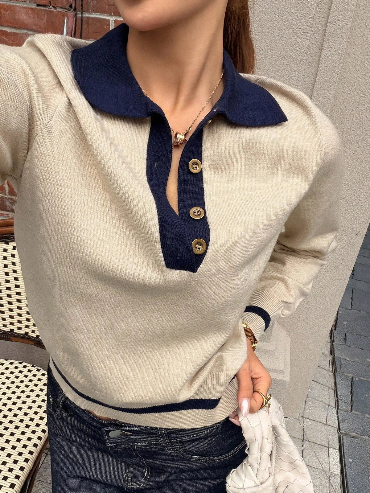 Korean Style Color Block Polo Neck Knitwear Women's Slim Fit Long Sleeve Base Shirt Autumn Winter Fashion Casual Top
