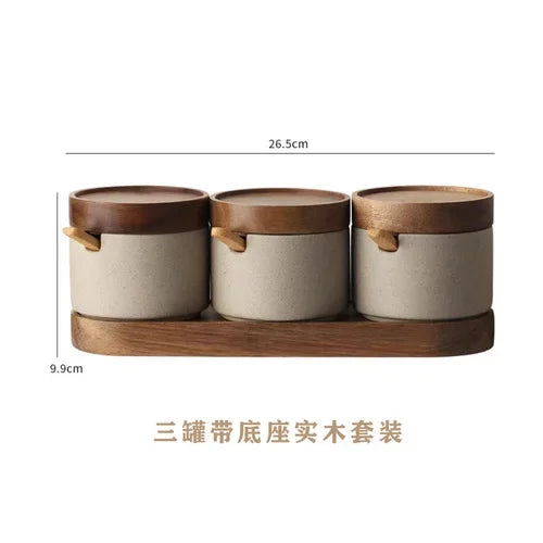 Vintage Ceramic Seasoning Jar Japanese Style Home Kitchen Salt Chili Sugar Jar Oil Pot Wooden Lid Spice Kitchen Utensils Modern