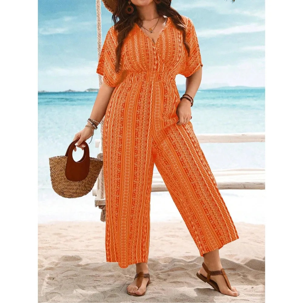Plus Size 1XL-5XL Fashion Women's New Casual Print Short Sleeve Jumpsuit