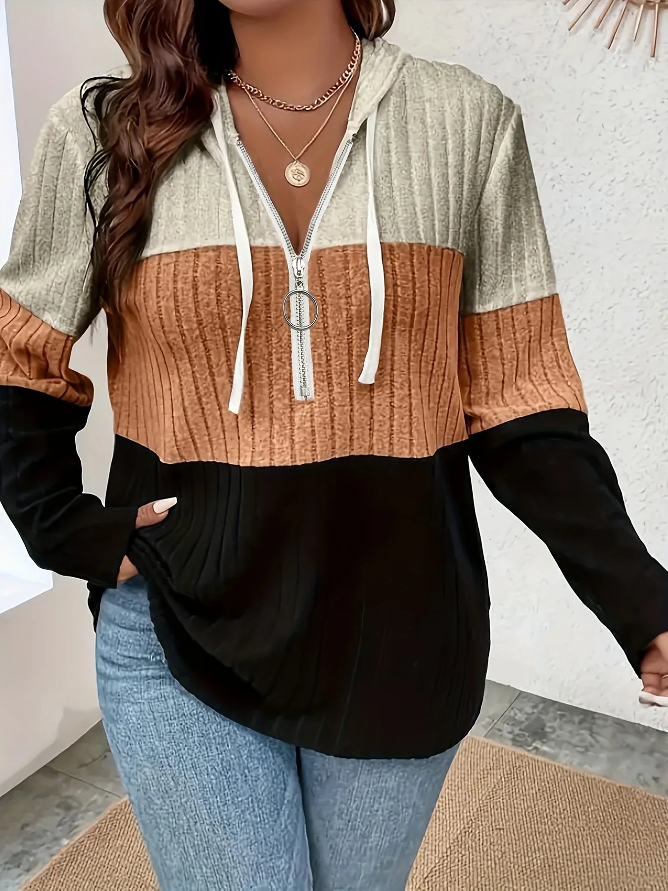 Plus Size Women's Hooded Fashion Knit Ribbed Cardigan Sweatshirt