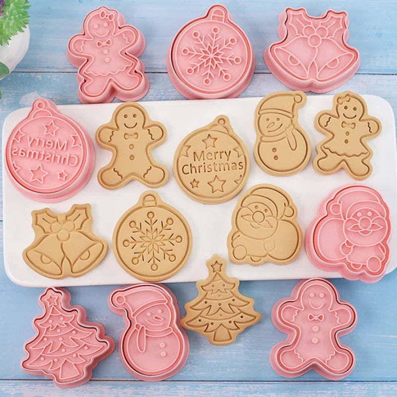 Christmas Cookie Cutters Press 8Pcs Santa Claus Biscuit Mold Plastic Cookie Stamp Confectionery Kitchen Baking Pastry Tools