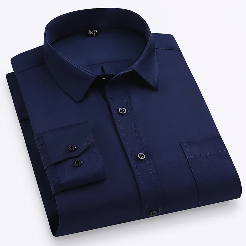 Plus Size M-7XL Elasticity Shirt Men Long Sleeve Slim Fit Casual Solid Color Luxury Shirt Social Formal Dress Shirts Man Clothes