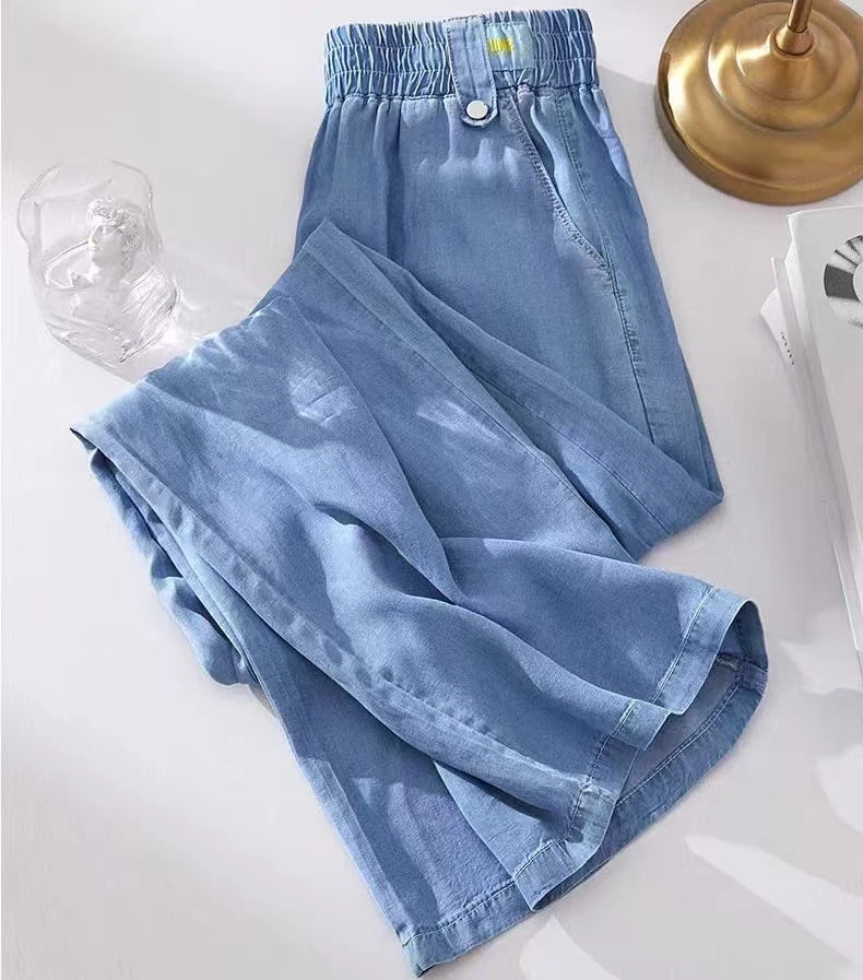 Women's Ice Silk Denim Pants Yoga Sports Thin Loose Style Summer Casual Wide Leg Harajuku Loose Waist