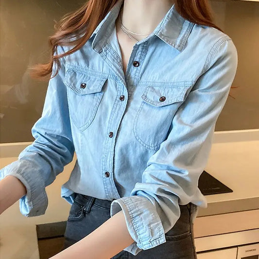 Women's Light Blue Denim Long Sleeve Button-Down Casual Shirt with Pockets