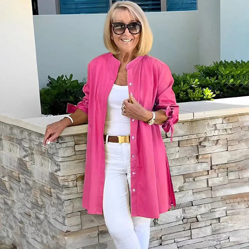 Single-button Turn-collar Elegant Commute Cardigan Shirts Solid Color Long-sleeve Cotton Shirt Slim Fit Blouses