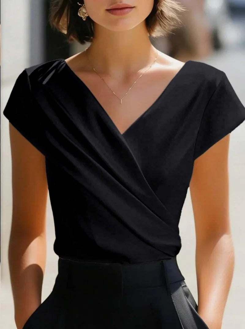 Elegant Satin V Neck Wrap Blouse for Women Short Sleeve Office Work Casual Tops