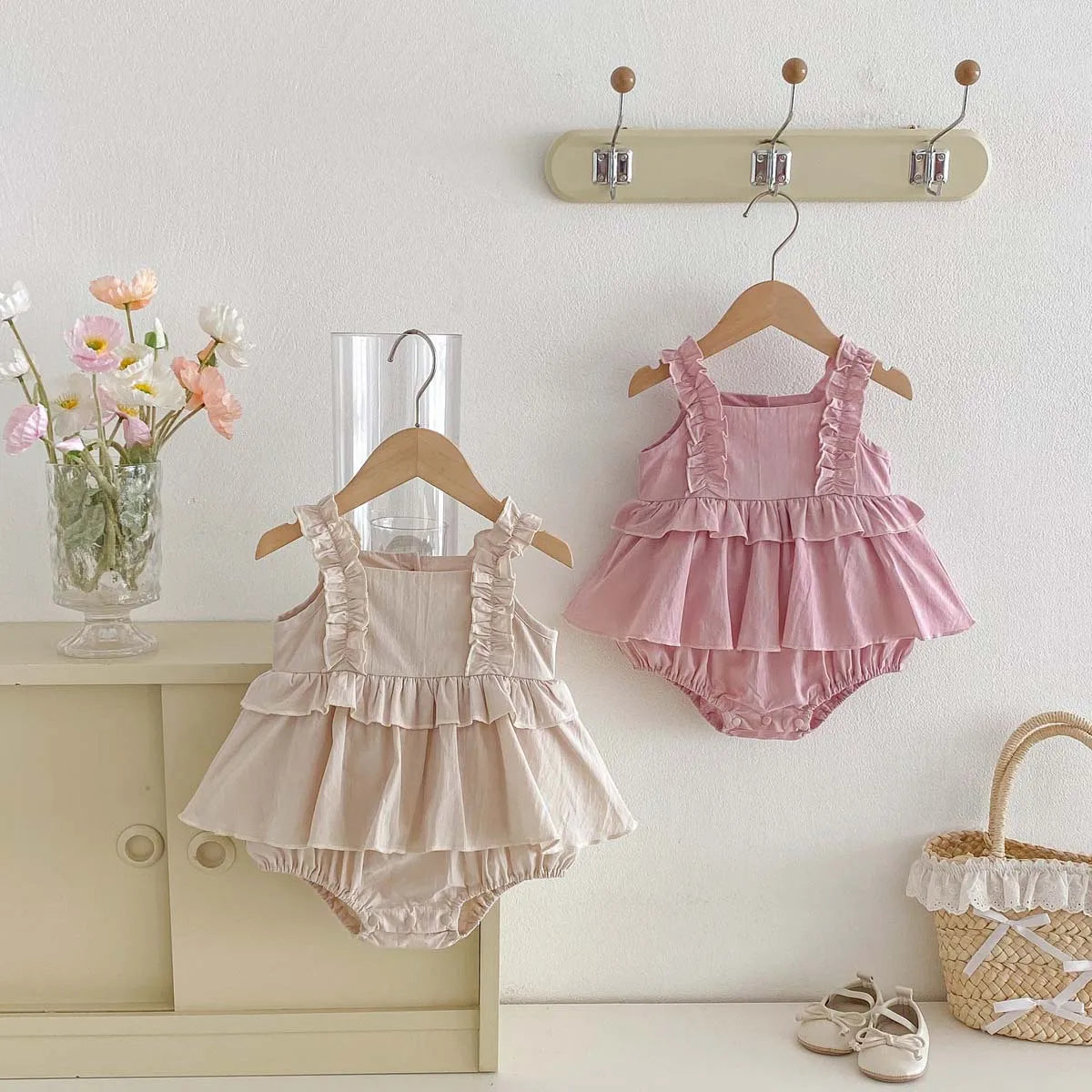 2026 Summer 0-2Y Baby Girl Clothes Mushroom Lace Shoulder Strap Girls Dress Bodysuit Korean Style Pure-color Toddler One-piece