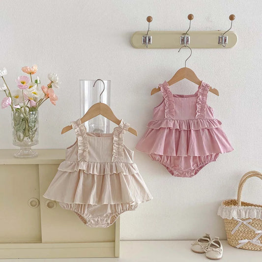 2026 Summer 0-2Y Baby Girl Clothes Mushroom Lace Shoulder Strap Girls Dress Bodysuit Korean Style Pure-color Toddler One-piece