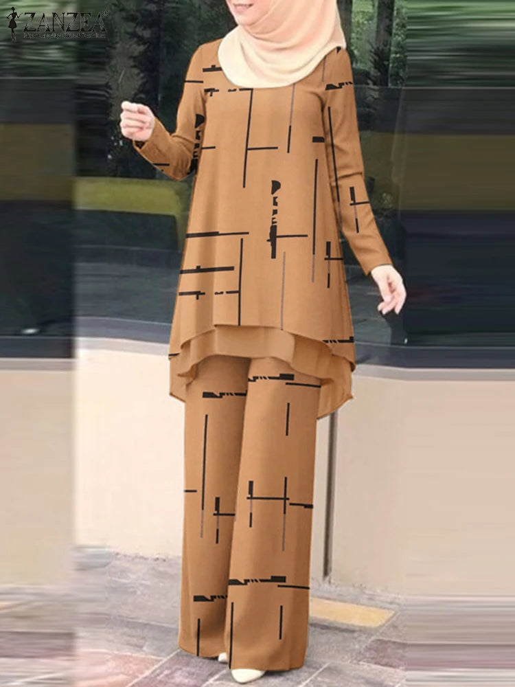 Muslim Women Pant Sets Islamic All-over Printed Long Top and Wide Leg Pant 2pcs Outfits Vintage Elegant 2-Pieces Suits