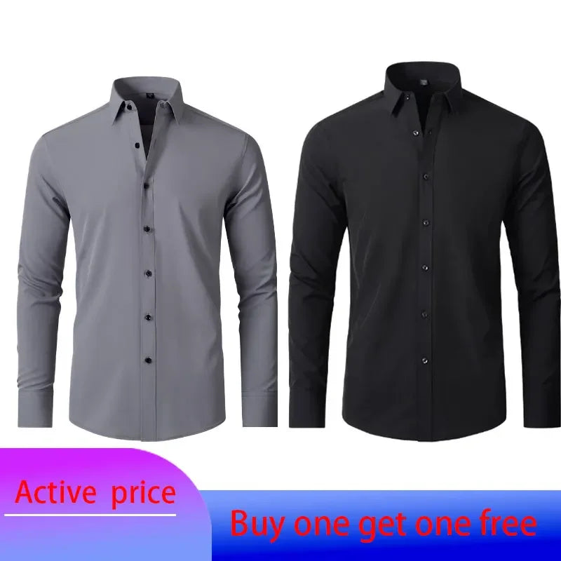 6xl New summer black White men's shirt elastic force non-iron long-sleeved business casual Oversize shirt  mercerized vertical