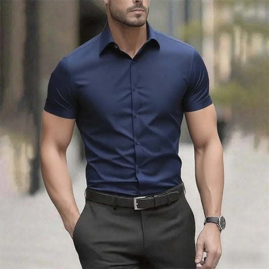 Solid color men's shirt casual shirt, high quality solid color short sleeve stretch fabric, business formal shirt, XS-6XL size