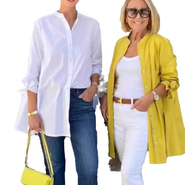 Single-button Turn-collar Elegant Commute Cardigan Shirts Solid Color Long-sleeve Cotton Shirt Slim Fit Blouses