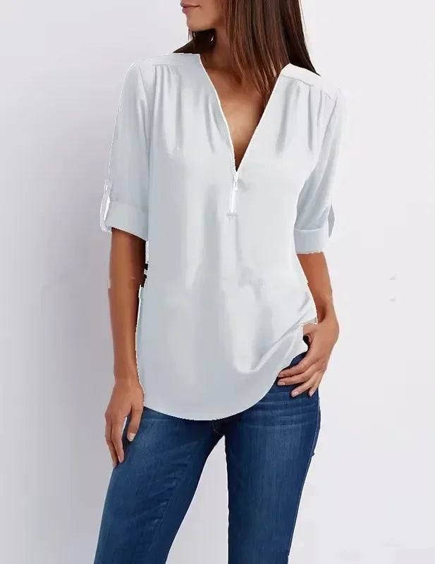 2025 Hot Sale Women Cool Loose Shirt Deep V Neck Chiffon Fashion Blouse Casual Ladies Tops Sexy Zipper Pullover Plus Size